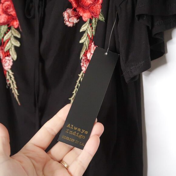 Always Indigo Womens Blouse Plus Size 3X Black Floral Rose Boho Peasant Romantic - Picture 7 of 10